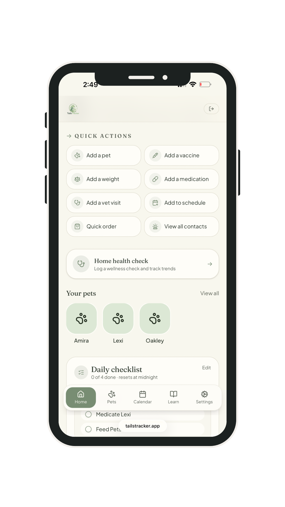 Tails Tracker home dashboard
