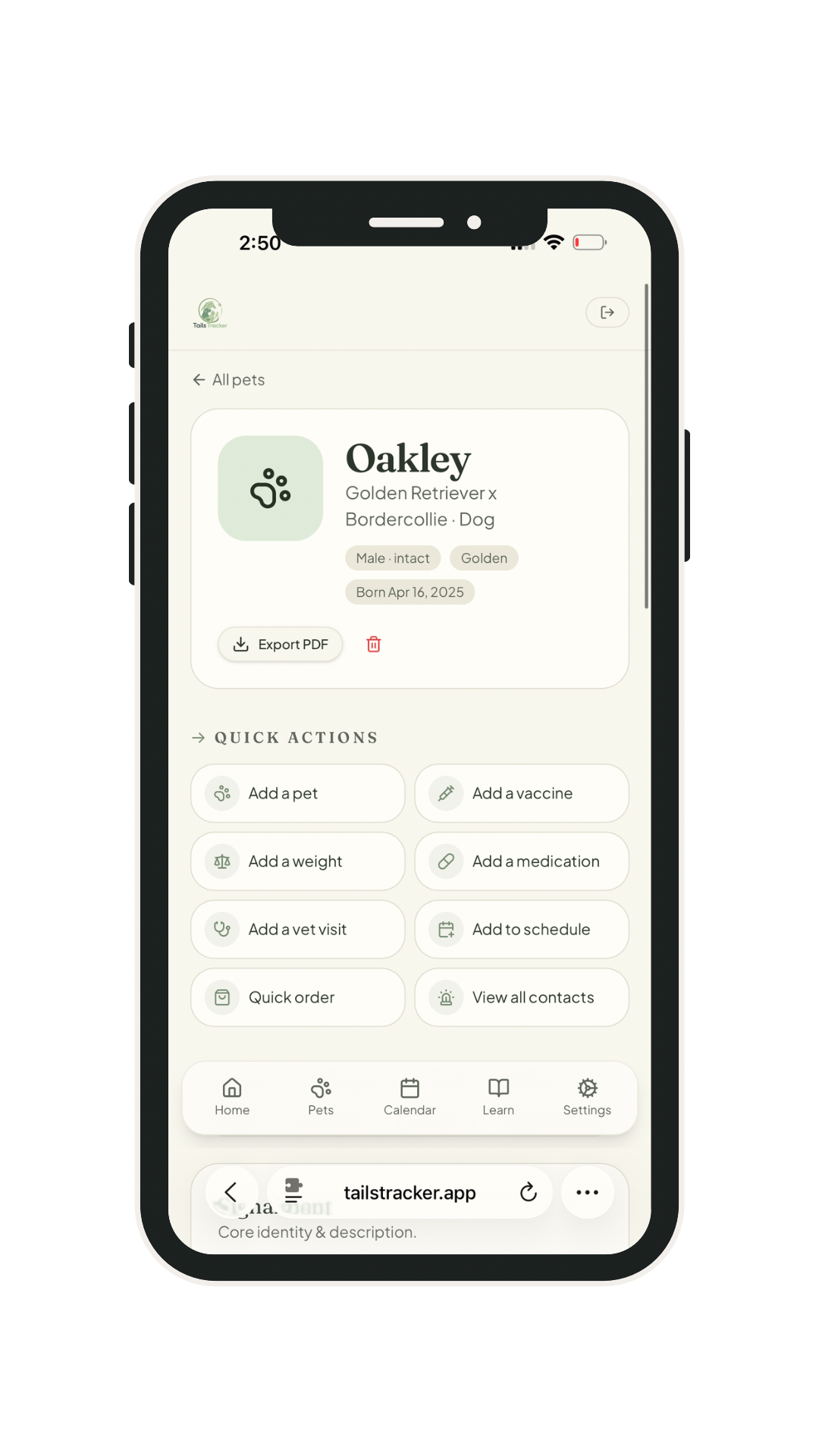Pet profile in Tails Tracker