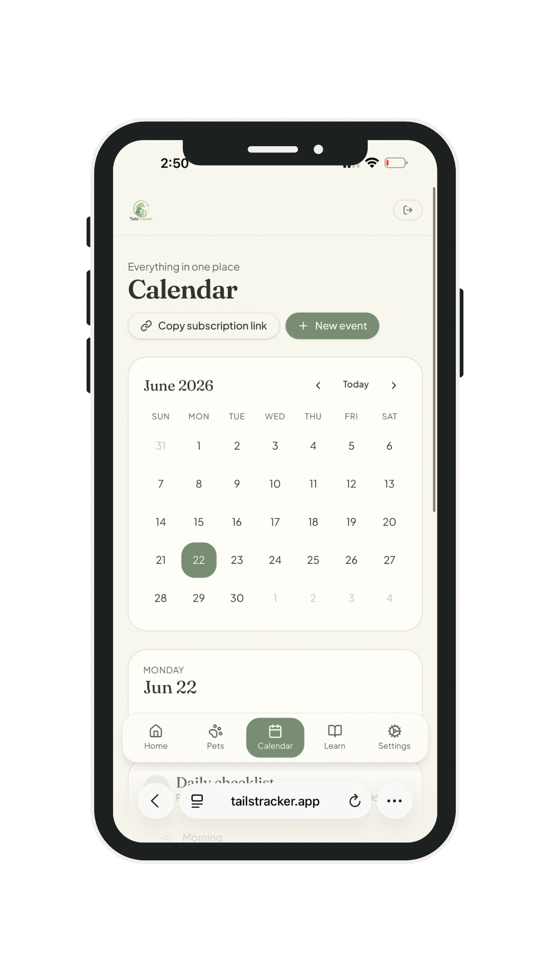 Tails Tracker shared calendar